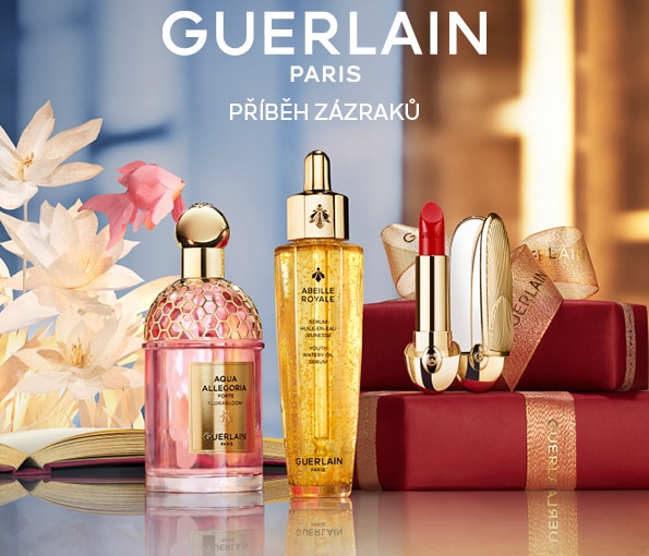 Guerlain vánoční kolekce – parfém Aqua Allegoria, pleťové sérum Abeille Royale a luxusní rtěnka na elegantním pozadí s dárkovými krabičkami.